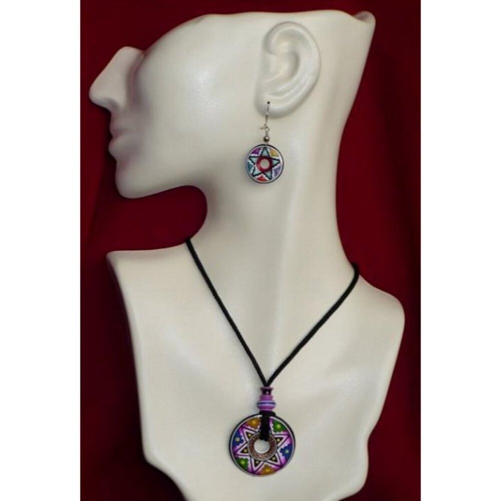 Peruvian Ceramic Earring & Pendant Set - Purple Geo - NEW